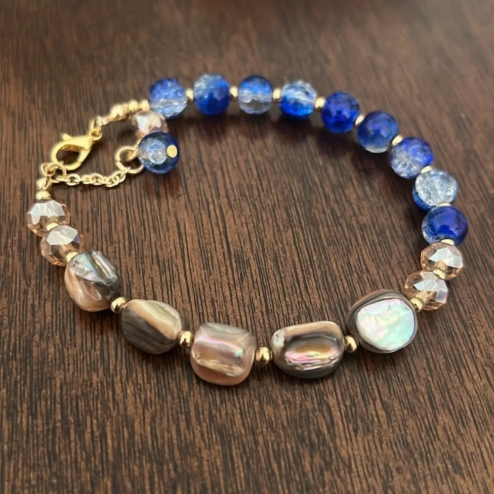 Ocean Blue Mixed Bead Bracelet –Handmade Mother of Pearl & Crystal Gold Jewelry